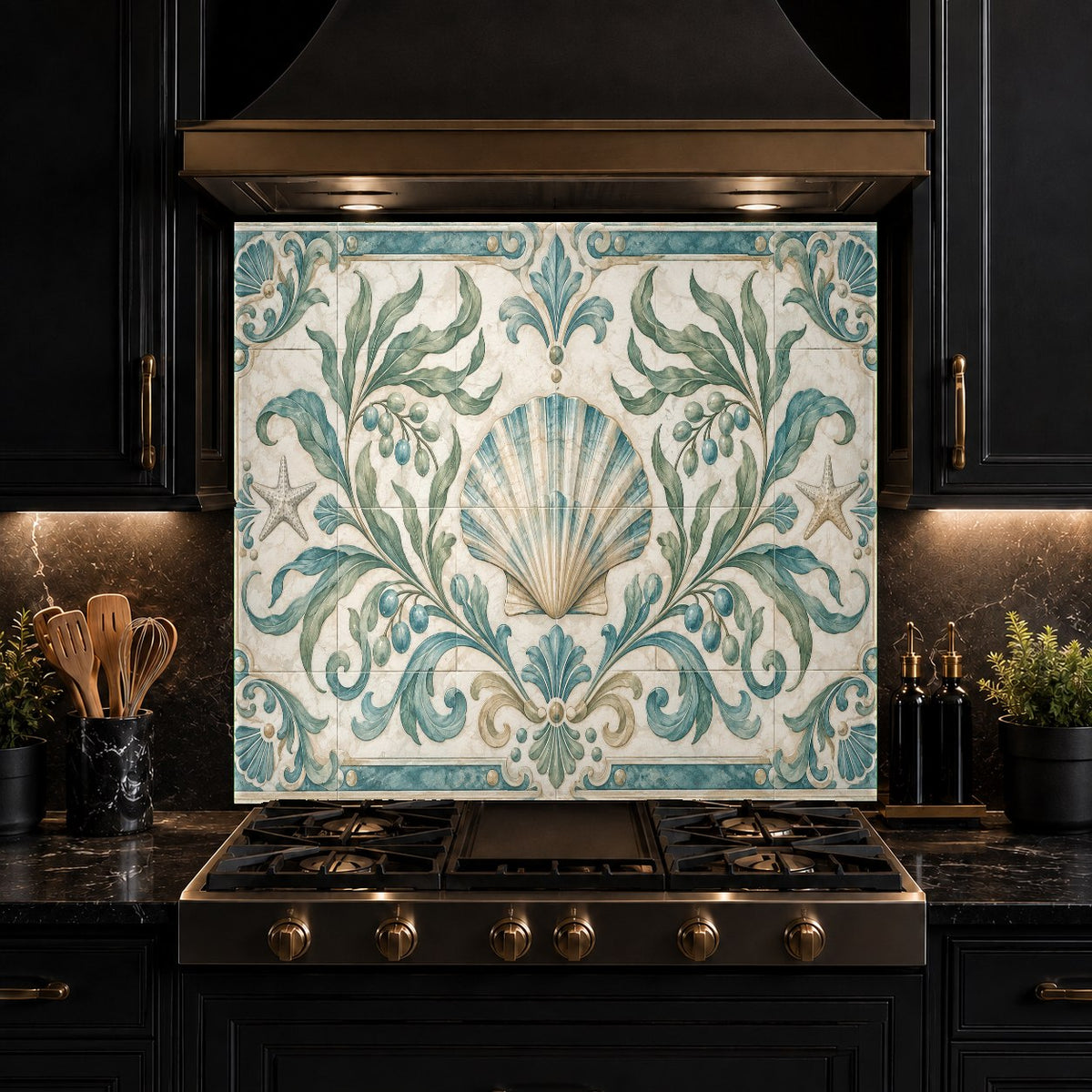 Full-height tempered glass kitchen backsplash with vibrant olive and geometric tones