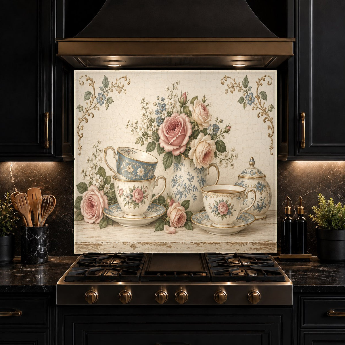 Custom glass backsplash panel showcasing rose teacups in a residential kitchen