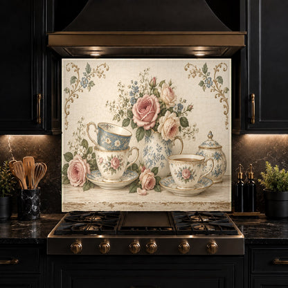 Custom glass backsplash panel showcasing rose teacups in a residential kitchen