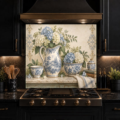 Hydrangea pitcher art glass backsplash protecting kitchen walls from grease