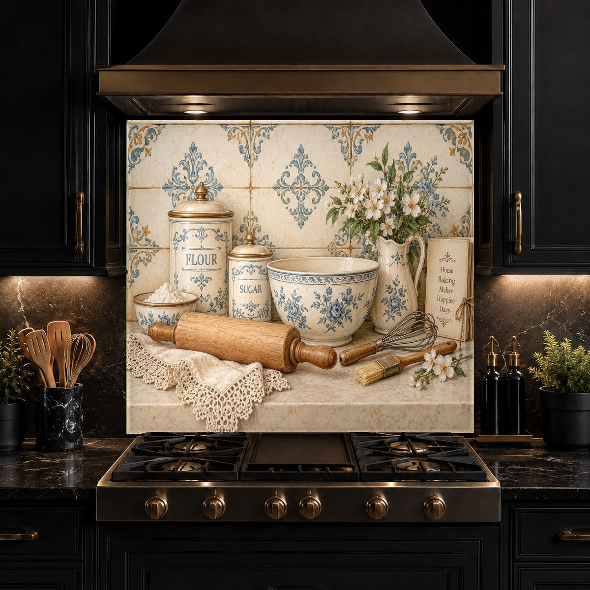 Baking Canisters kitchen glass panel mounted on a clean tile-free wall