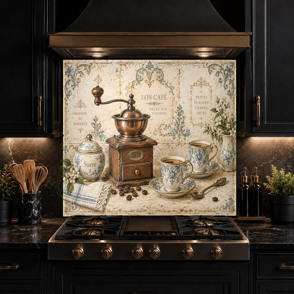 Cafe themed glass kitchen backsplash panel positioned behind a coffee bar area