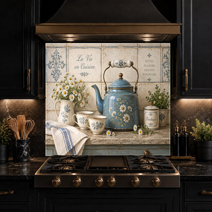 Heat-resistant glass kitchen panel with daisy kettle pattern