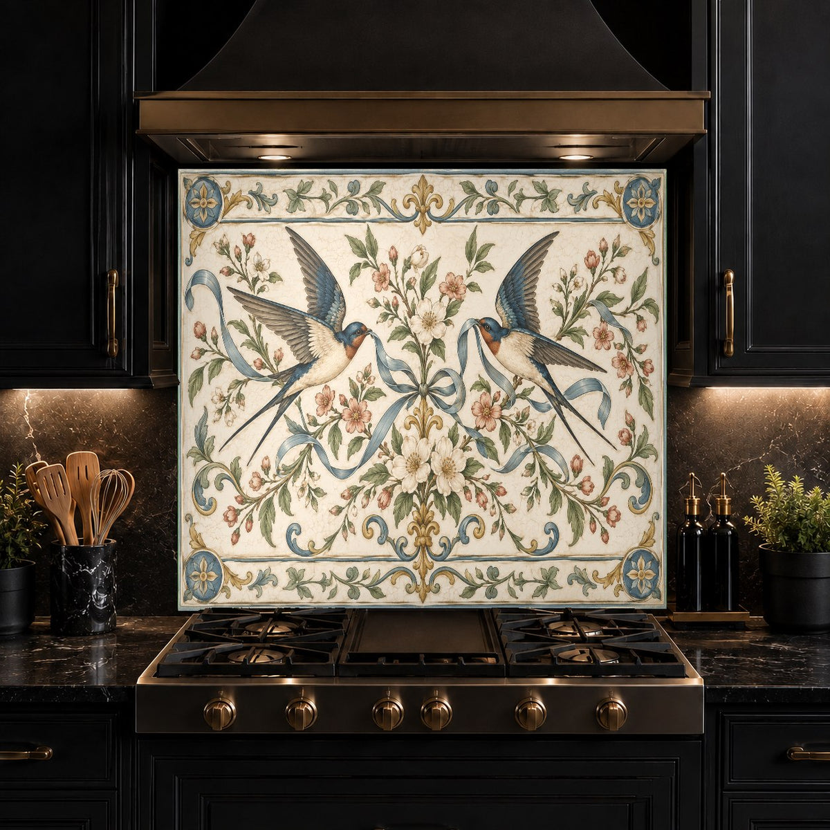 Swallow Ribbon heat-resistant glass backsplash installed behind a professional range