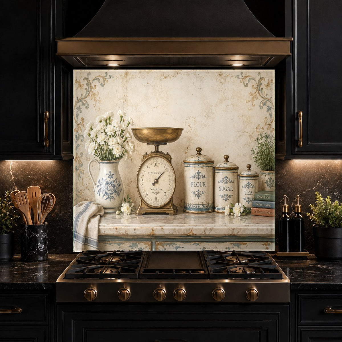 Glossy glass kitchen backsplash panel featuring a kitchen scale graphic