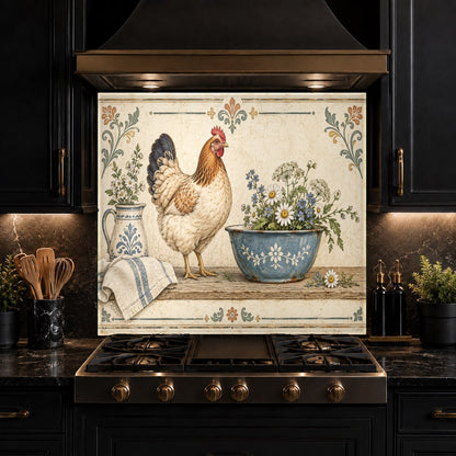 Country style hen glass backsplash panel featured in a home bar area