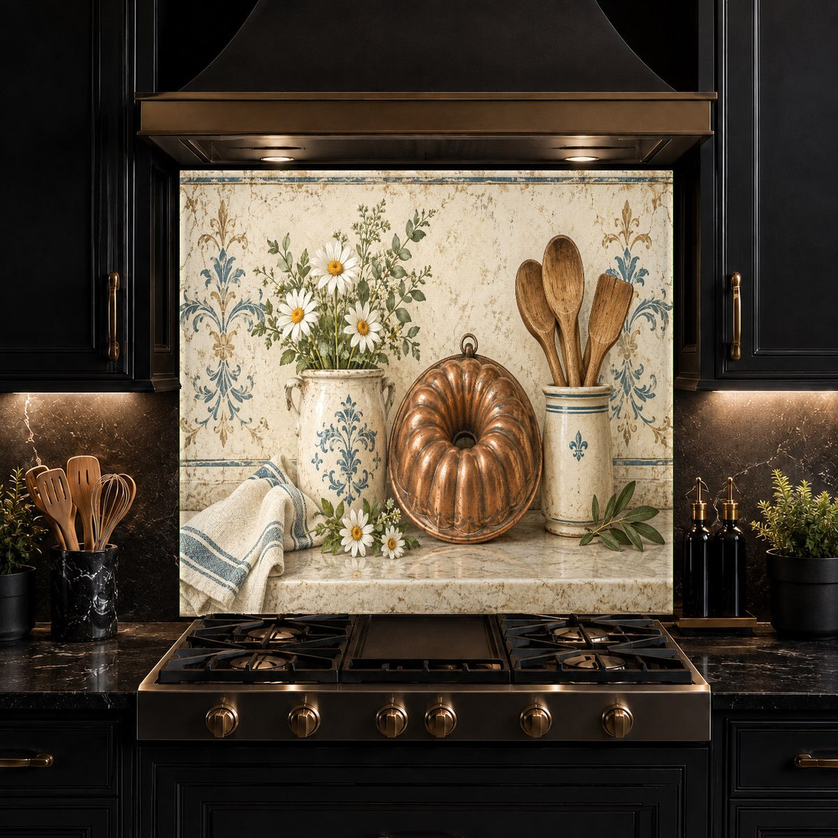 Industrial copper look glass backsplash on kitchen wall