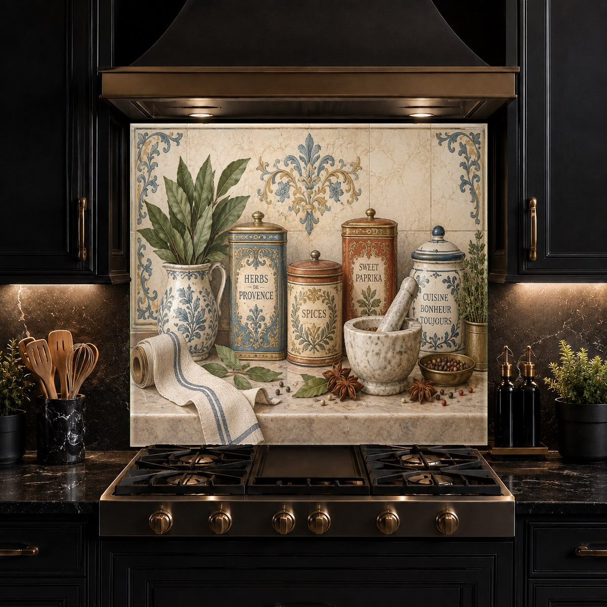 Farmhouse style glass backsplash panel installed between kitchen cabinets