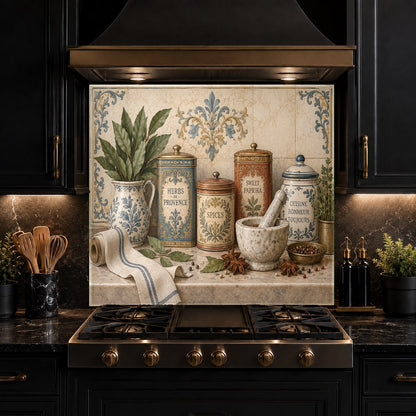 Farmhouse style glass backsplash panel installed between kitchen cabinets