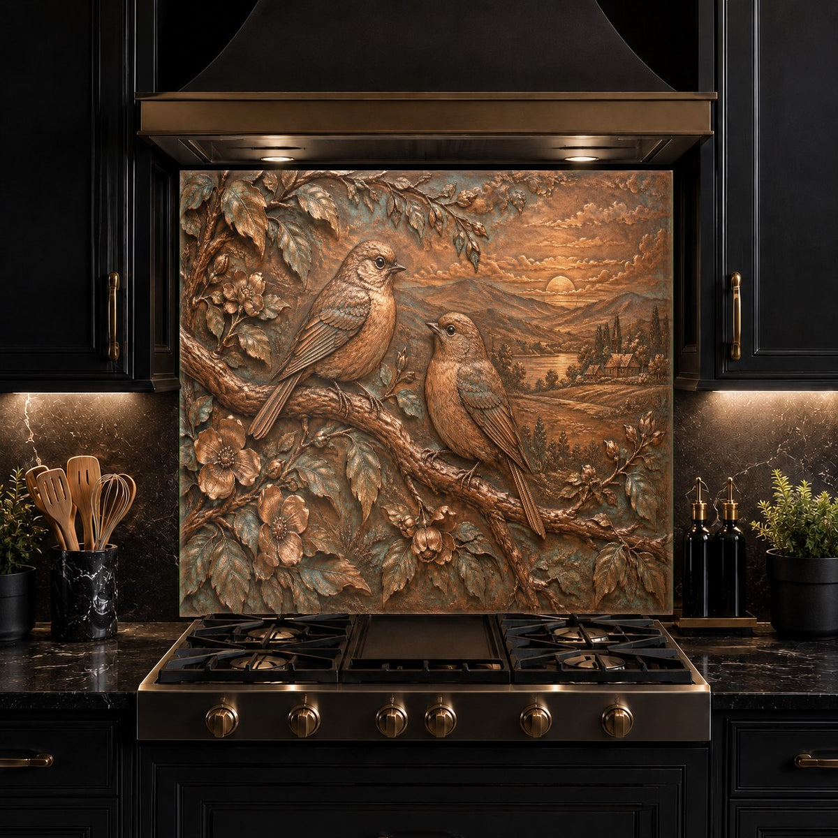 Heat-resistant glass kitchen backsplash featuring birds on a branch behind a hot range