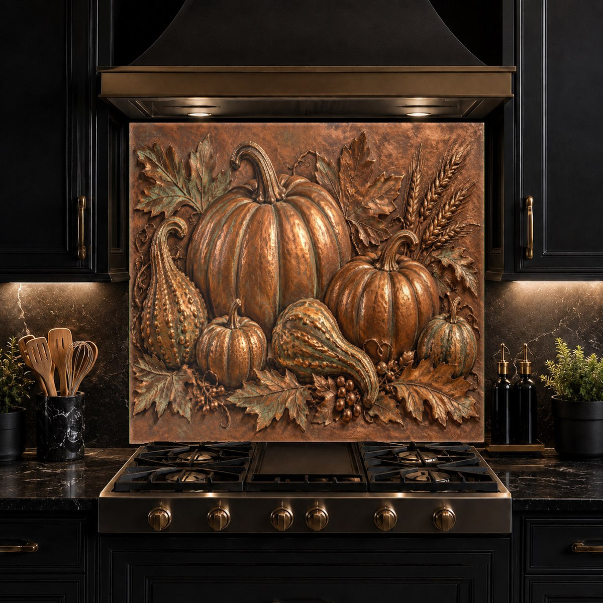 Modern kitchen island featuring a decorative tempered glass backsplash panel