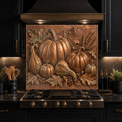 Modern kitchen island featuring a decorative tempered glass backsplash panel