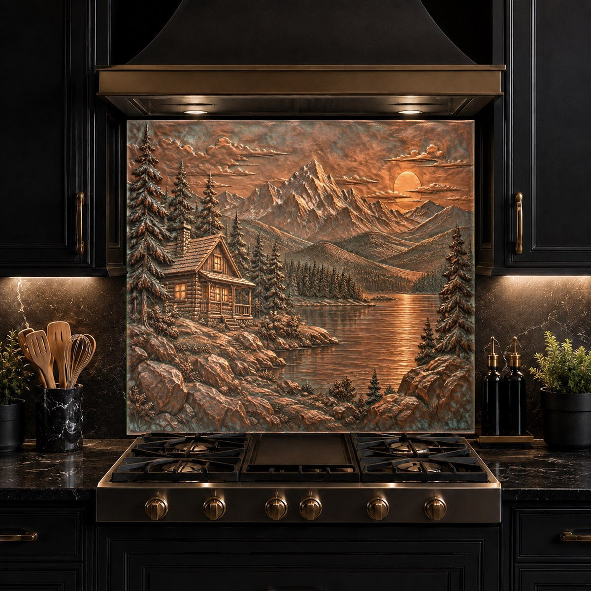 Nature themed tempered glass backsplash installed in a modern kitchen coffee bar area