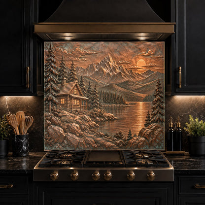 Nature themed tempered glass backsplash installed in a modern kitchen coffee bar area