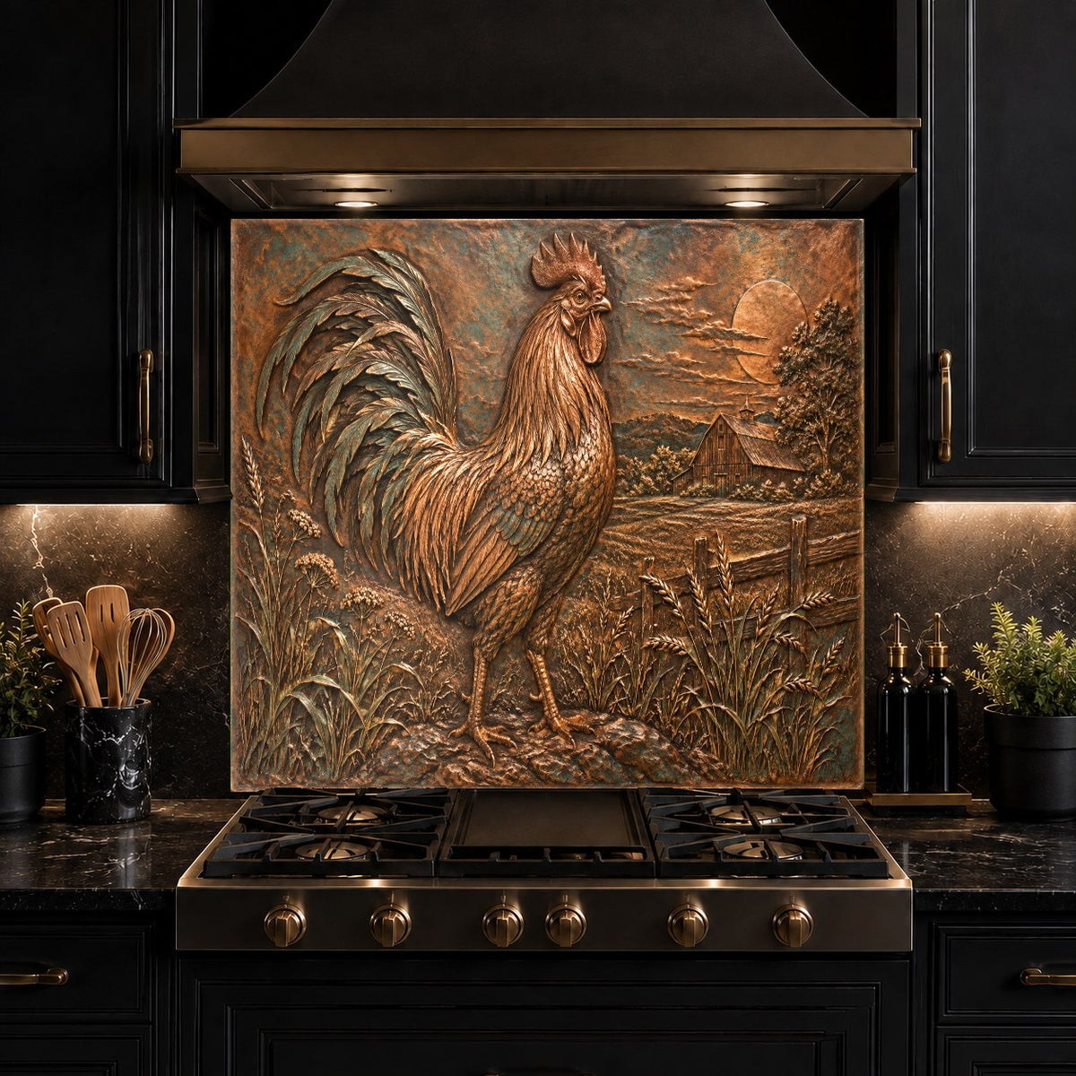 Decorative rooster glass backsplash protecting the wall behind an induction cooktop