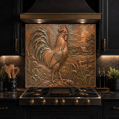 Decorative rooster glass backsplash protecting the wall behind an induction cooktop