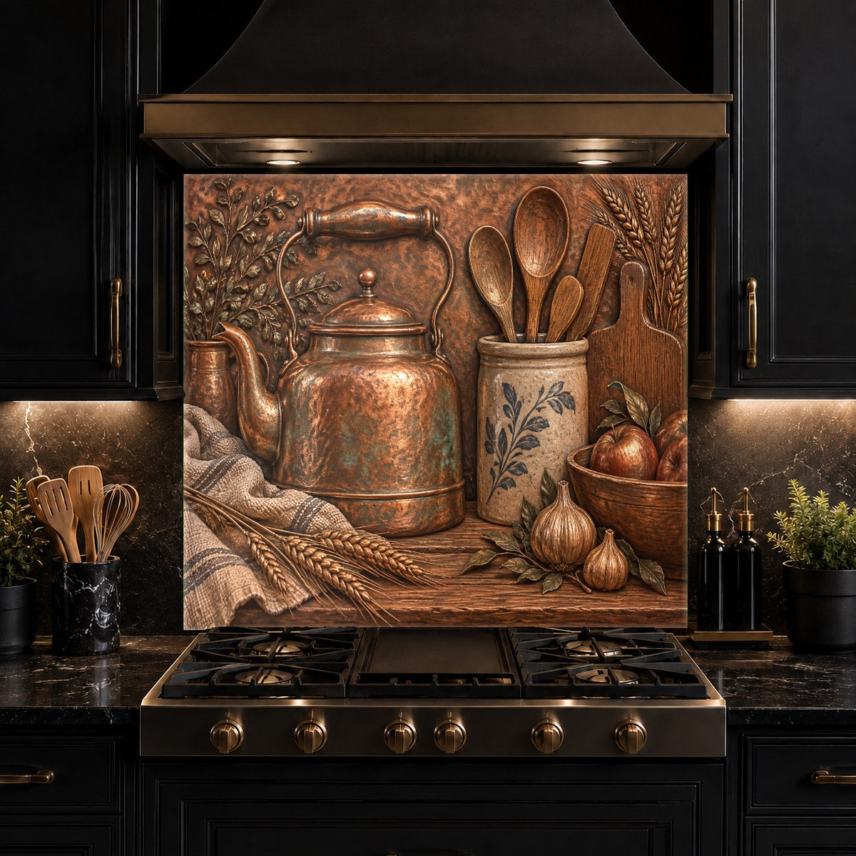 Modern kitchen interior showcasing a vibrant copper kettle glass backsplash