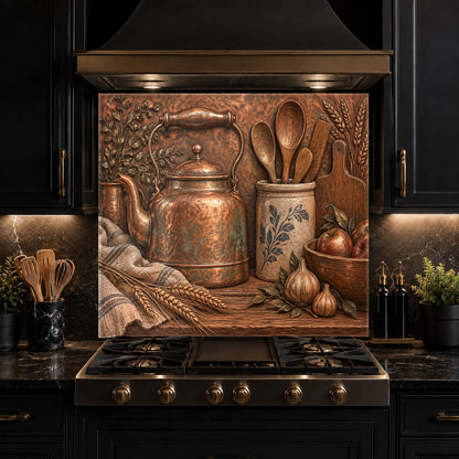 Modern kitchen interior showcasing a vibrant copper kettle glass backsplash