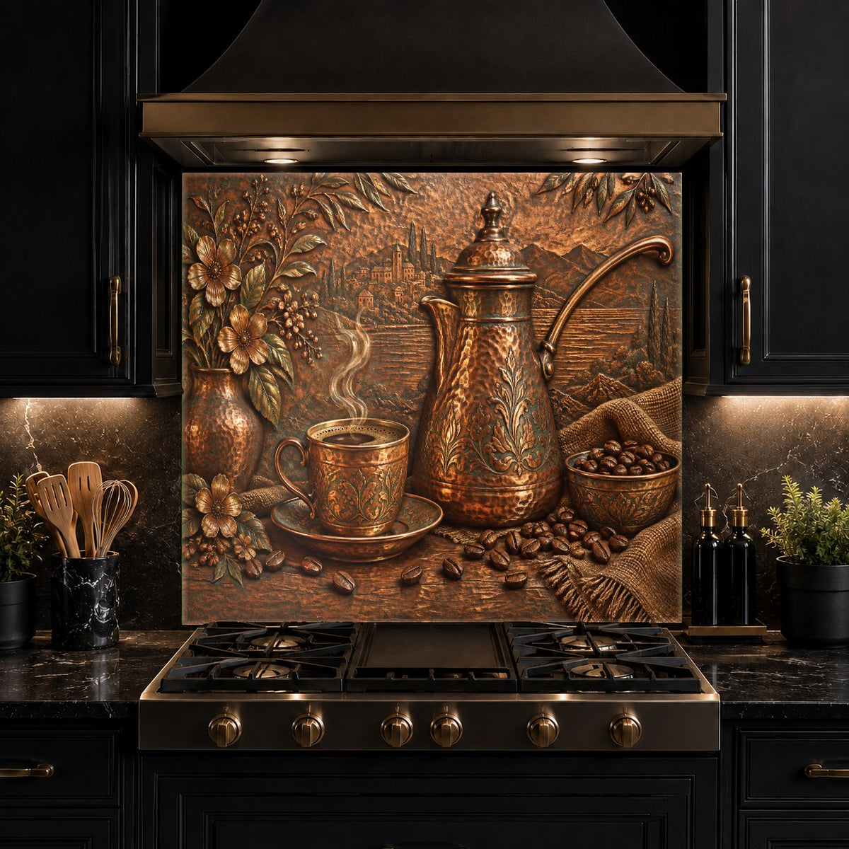 Coffee cezve patterned glass backsplash protecting a kitchen island wall