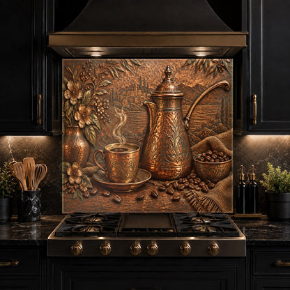 Coffee cezve patterned glass backsplash protecting a kitchen island wall