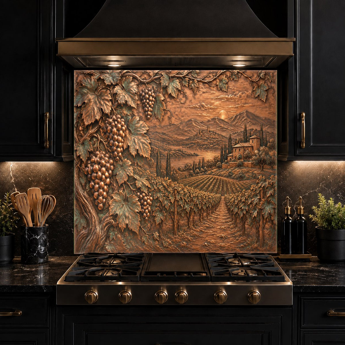 Vibrant vineyard harvest tempered glass backsplash close-up texture