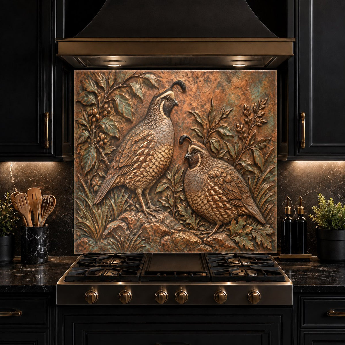 Quail Pair glass kitchen backsplash reflecting warm under-cabinet lighting