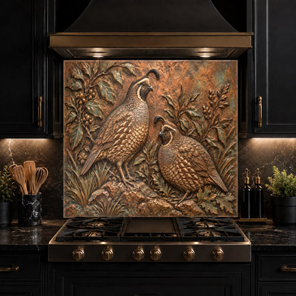 Quail Pair glass kitchen backsplash reflecting warm under-cabinet lighting