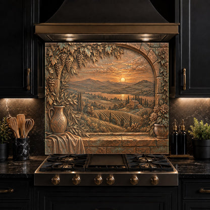 Tuscan archway backsplash protecting the wall behind a busy kitchen prep area