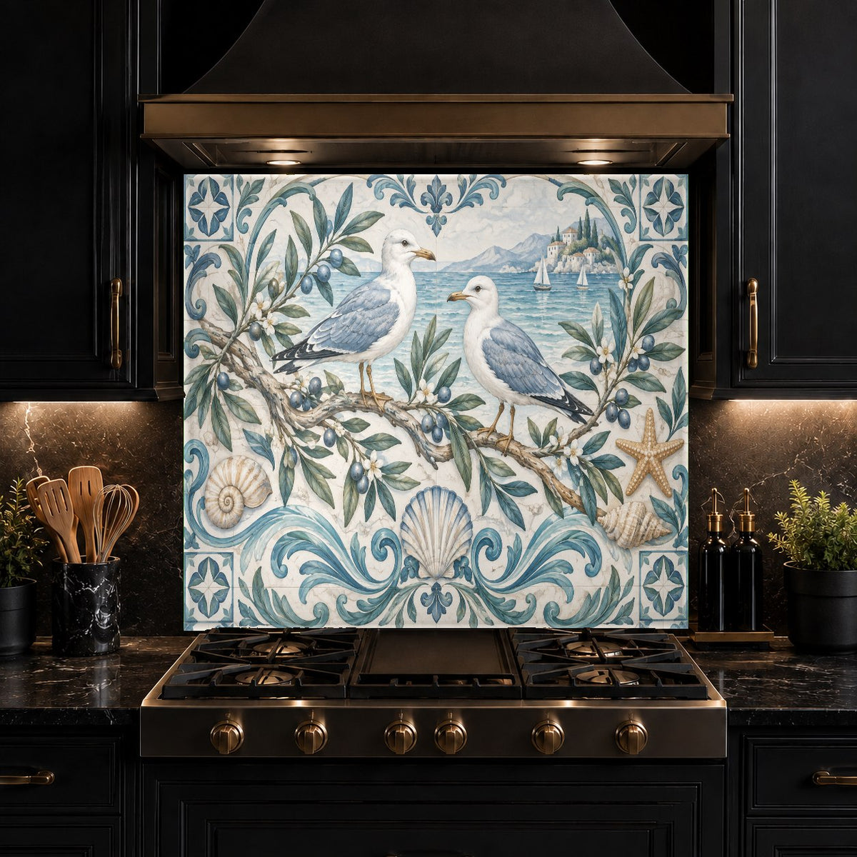 Modern kitchen interior featuring a coastal theme tempered glass backsplash