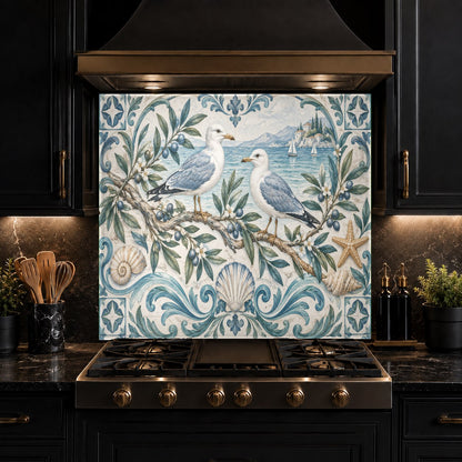 Modern kitchen interior featuring a coastal theme tempered glass backsplash