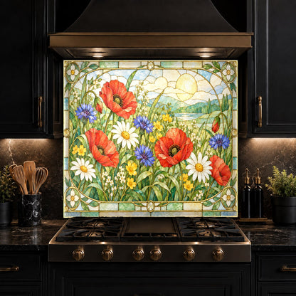 Poppy meadow kitchen backsplash accenting a stylish modern kitchen island area