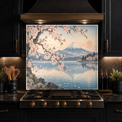 Seamless tempered glass backsplash with floral motif behind a kitchen range