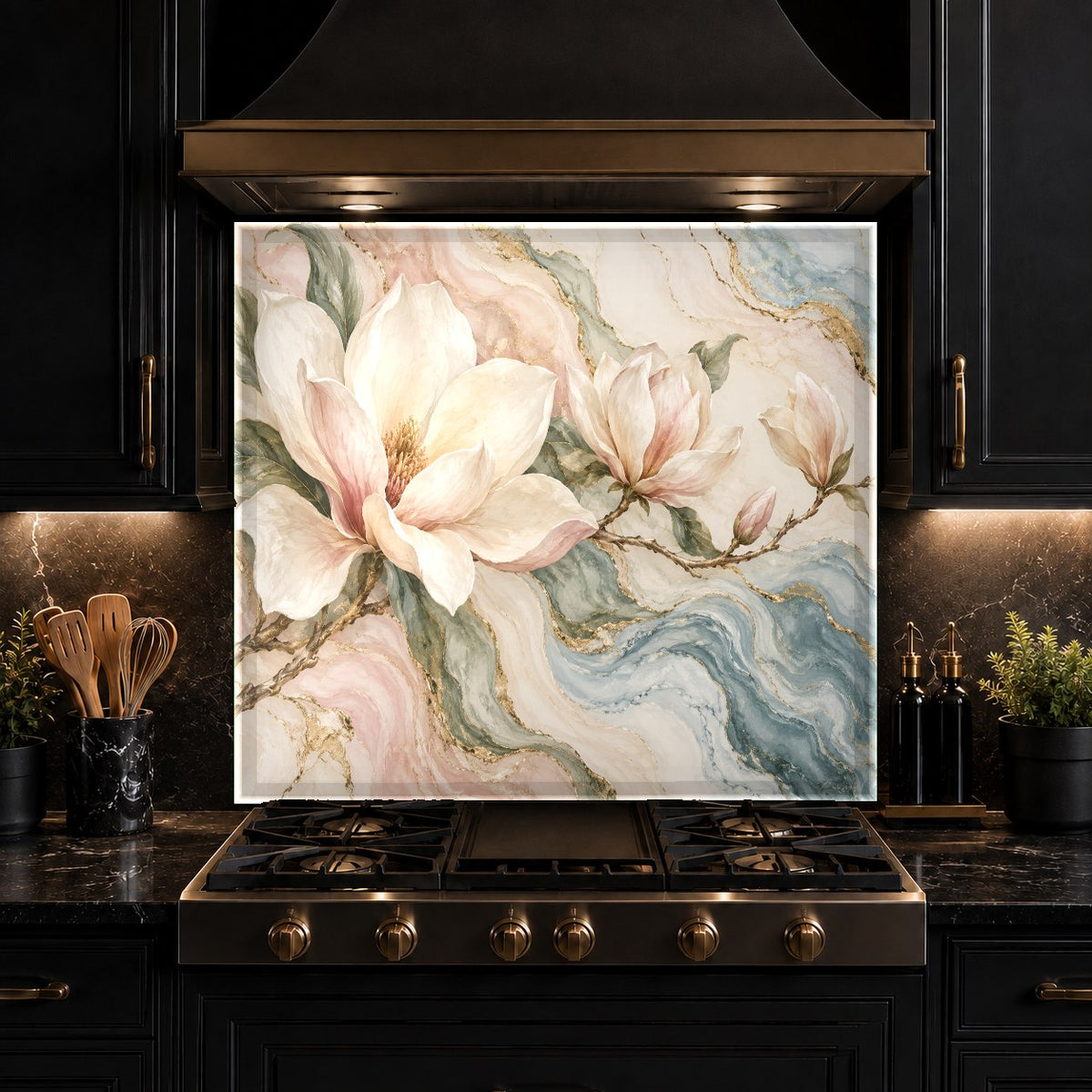 Side angle view of Marble Magnolia heat-resistant kitchen glass backsplash