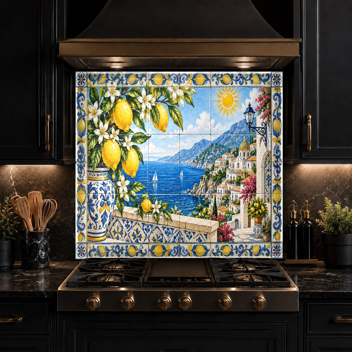 Stunning Mediterranean citrus fruit glass backsplash in a bright modern farmhouse kitchen