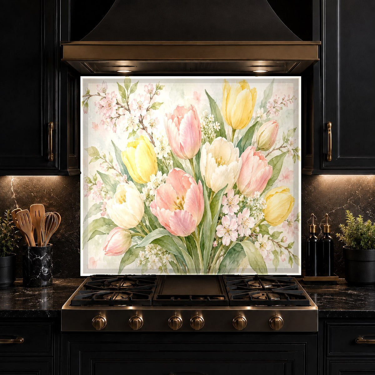 Heat-resistant glass backsplash with spring tulip design behind electric range