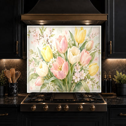 Heat-resistant glass backsplash with spring tulip design behind electric range