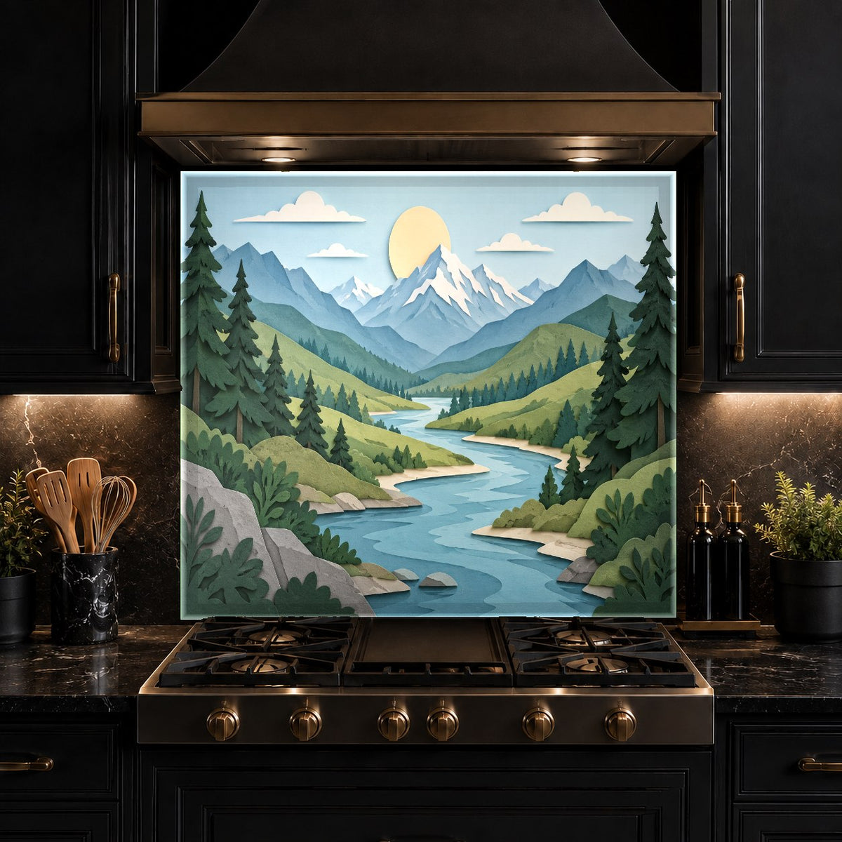 Waterproof tempered glass kitchen backsplash behind a farmhouse kitchen sink
