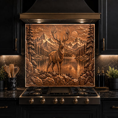 Tempered glass kitchen splash guard with copper deer design behind range