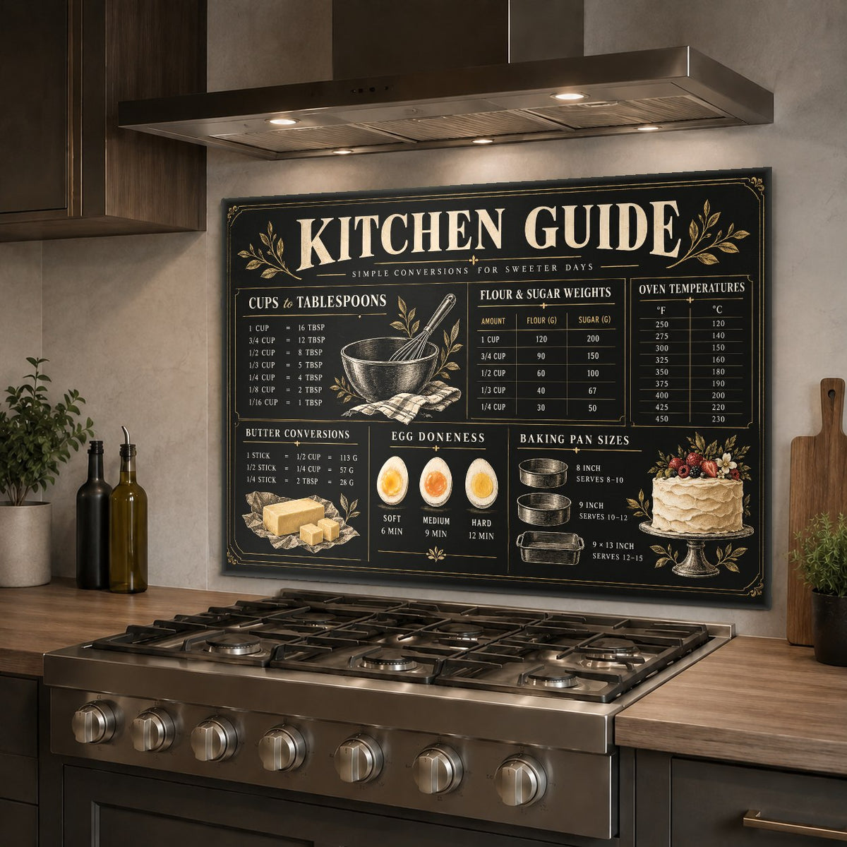 Measurement Conversion Chart tempered glass backsplash in a bright white kitchen