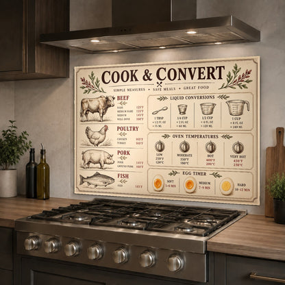 Meat Temperature Chart tempered glass backsplash in a bright white kitchen