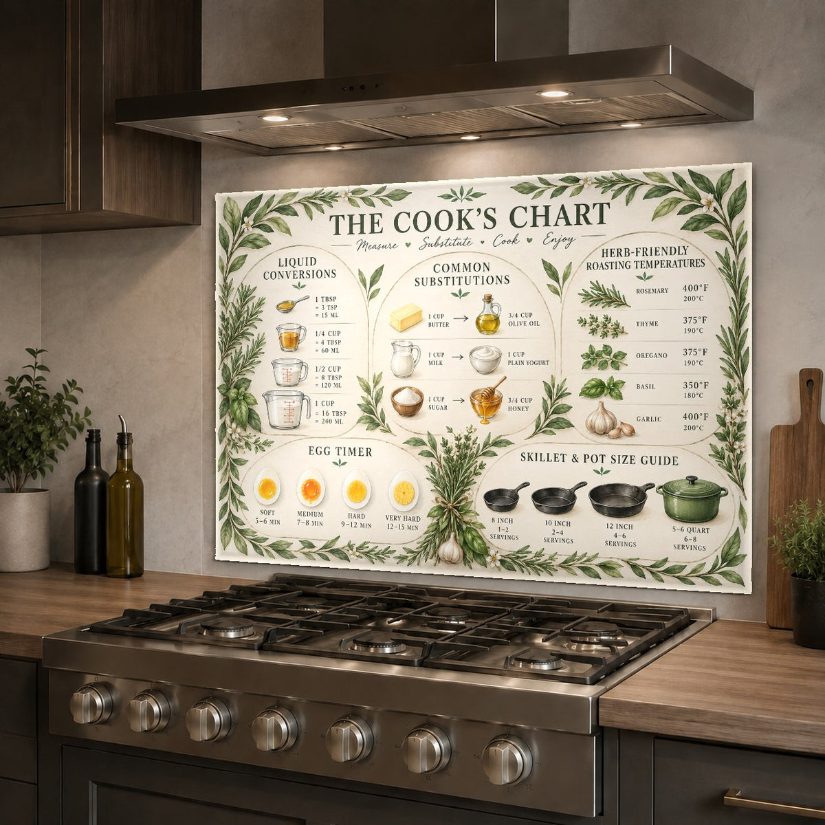 Ingredient Substitution Chart tempered glass backsplash in a bright white kitchen