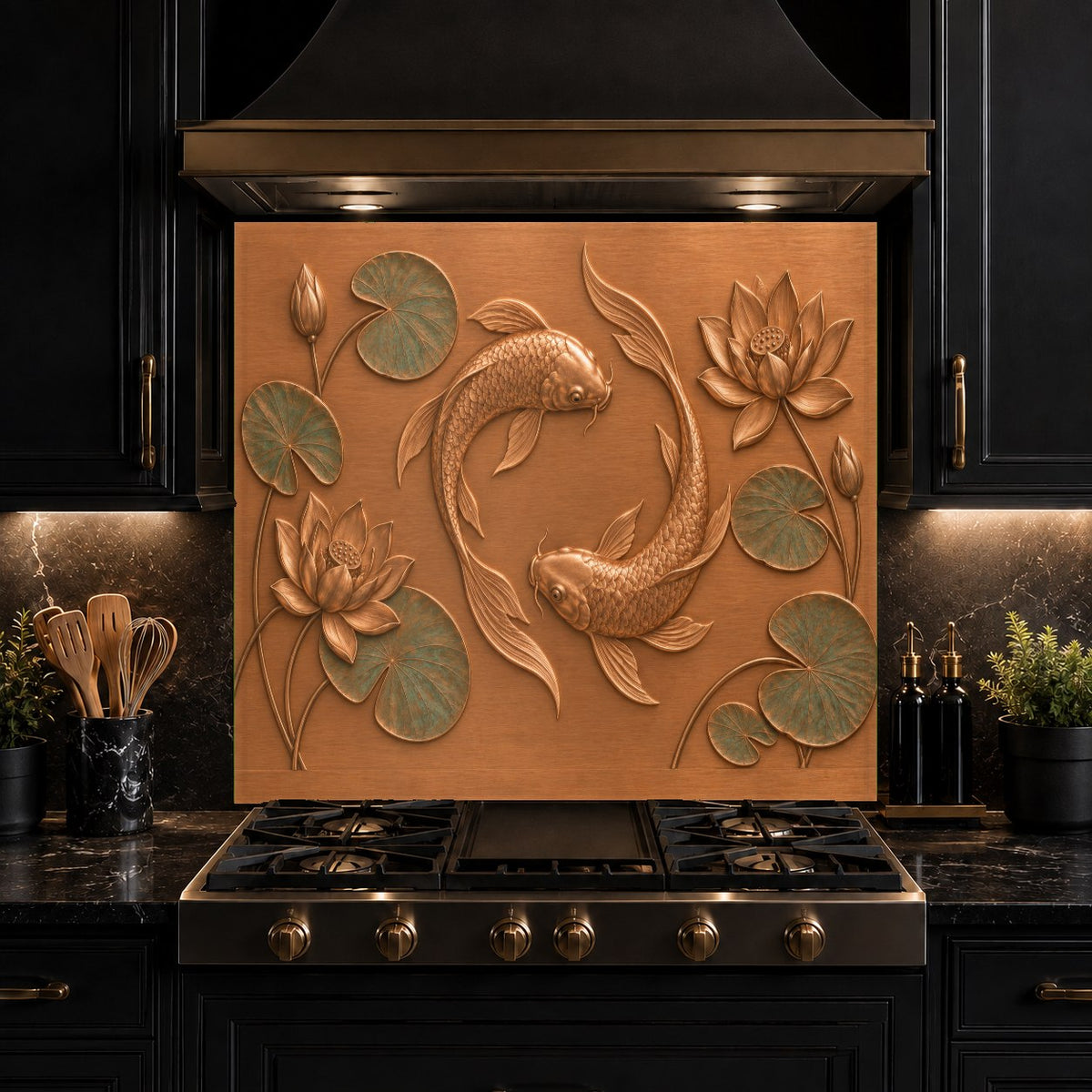 Custom-sized lotus koi glass kitchen backsplash installed in a bright modern kitchen