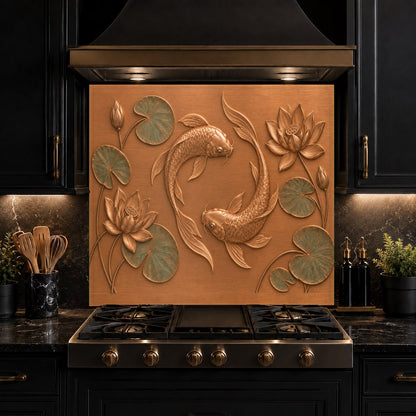 Custom-sized lotus koi glass kitchen backsplash installed in a bright modern kitchen