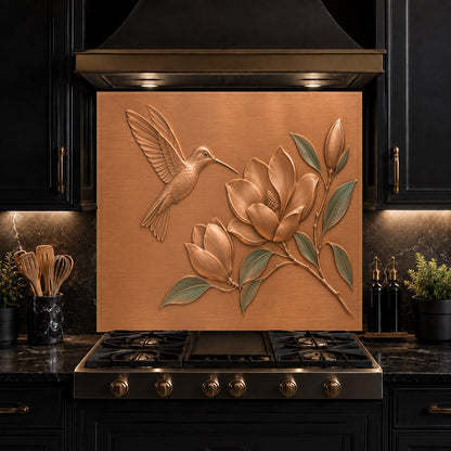 Kitchen bar area featuring a stylish magnolia and hummingbird glass backsplash