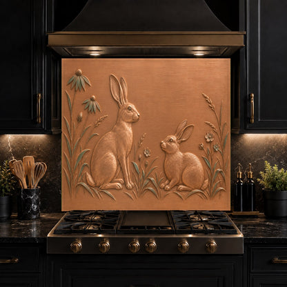 Custom glass backsplash with hare design behind modern kitchen range