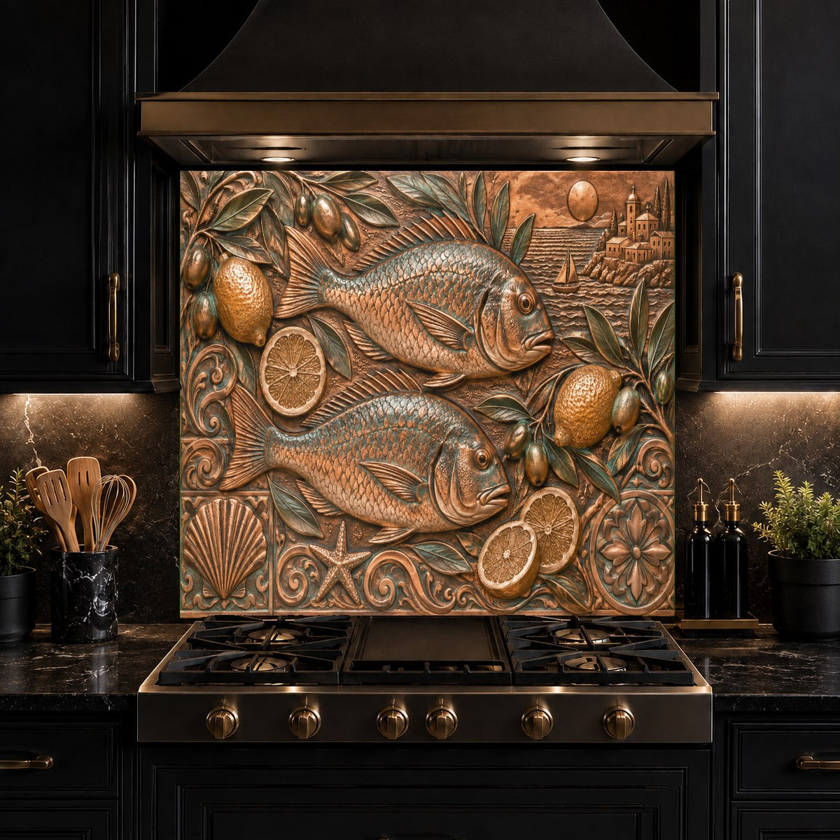 Mediterranean glass backsplash installed in a bright coastal home bar area