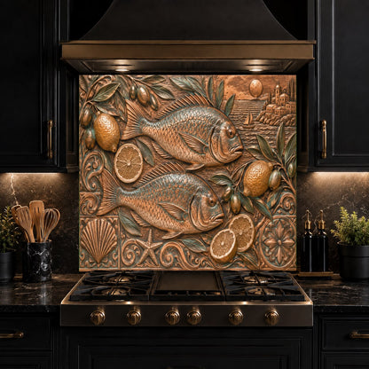 Mediterranean glass backsplash installed in a bright coastal home bar area