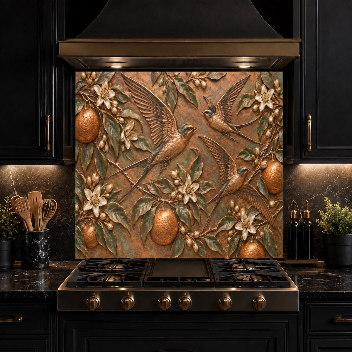 Detailed view of Orange Swallows tempered glass backsplash behind a kitchen prep station