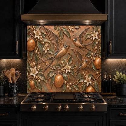 Detailed view of Orange Swallows tempered glass backsplash behind a kitchen prep station