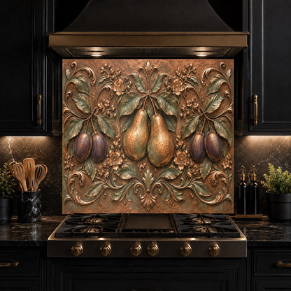 Glossy botanical fruit tempered glass backsplash behind cooktop in country kitchen